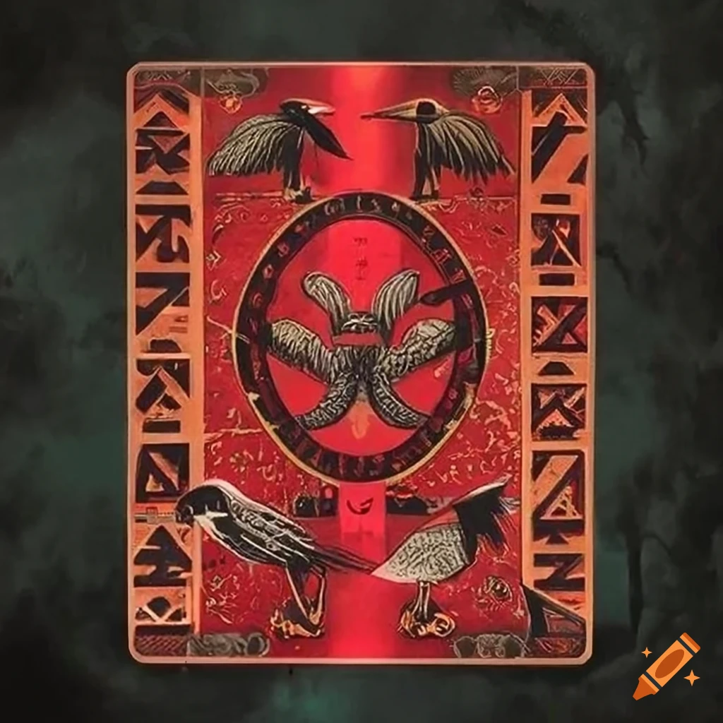 Vintage Soviet Tarot Card poster with intricate background of Norse Runes in red copper, white gold, and black lacquer