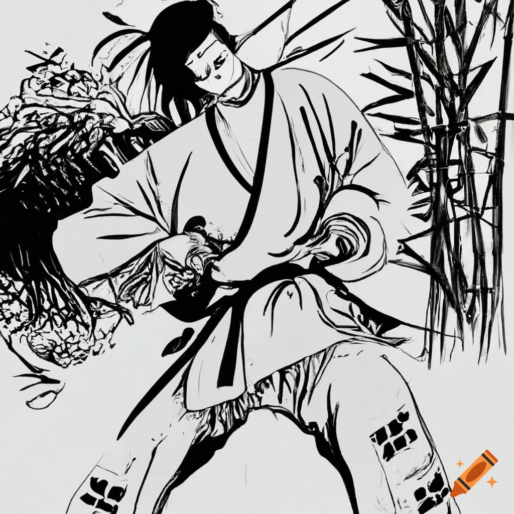 Kyokushin warrior at sunset in a bamboo forest inspired by Yoshitaka Amano style