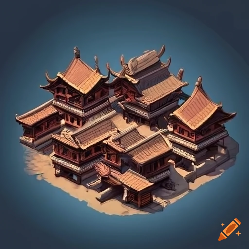 Isometric view of an ancient Asian town in a 2D game