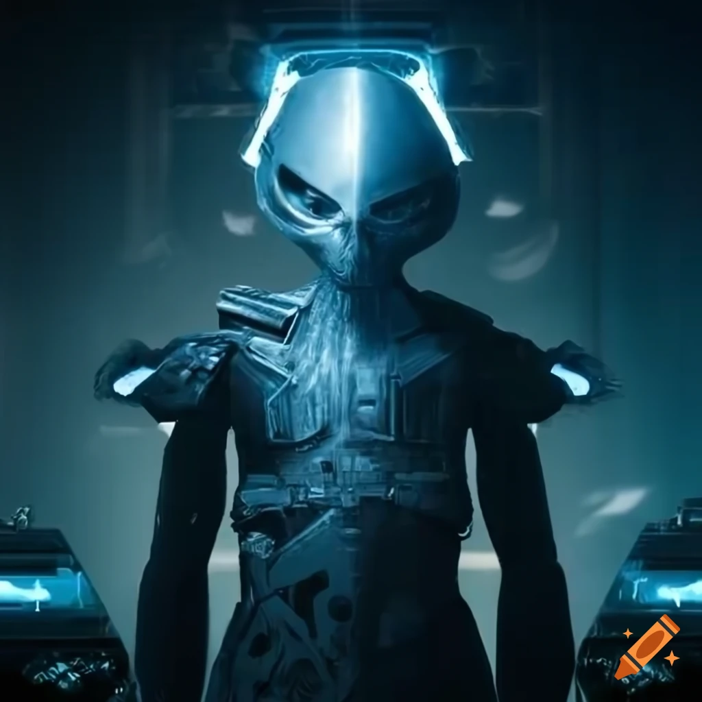 Alien with sci-fi weapon and spaceship in the background