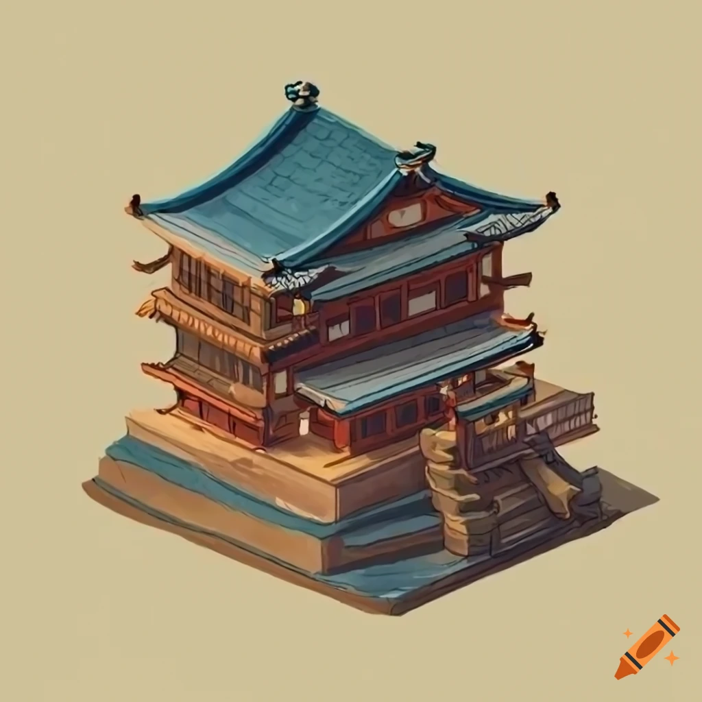 Feudal Japanese building in 2D isometric style