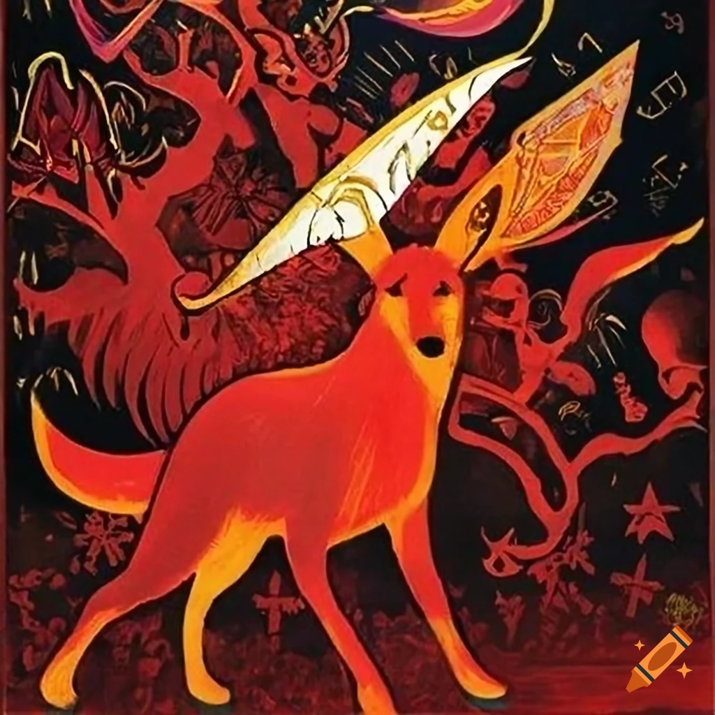 Vintage Soviet Tarot Card poster with intricate background of Norse Runes in red copper, white gold, and black lacquer