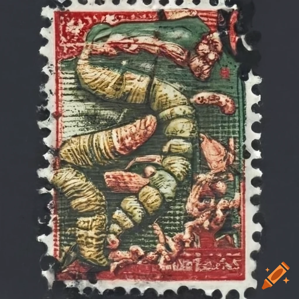 Indonesian folk art postage stamp showing a leaking garbage bag with flies and maggots