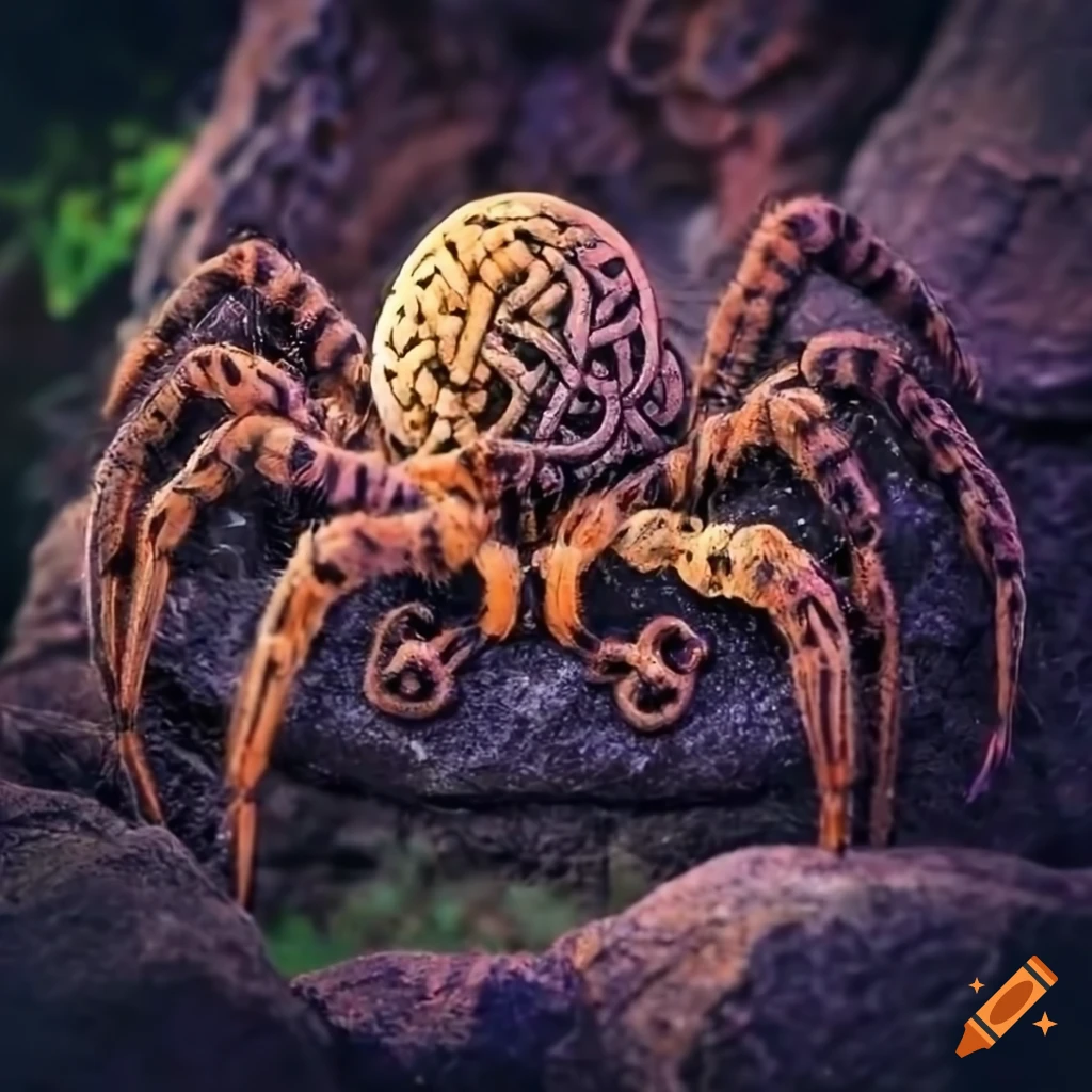 Arachnid spider with babies on her back on a celtic stone