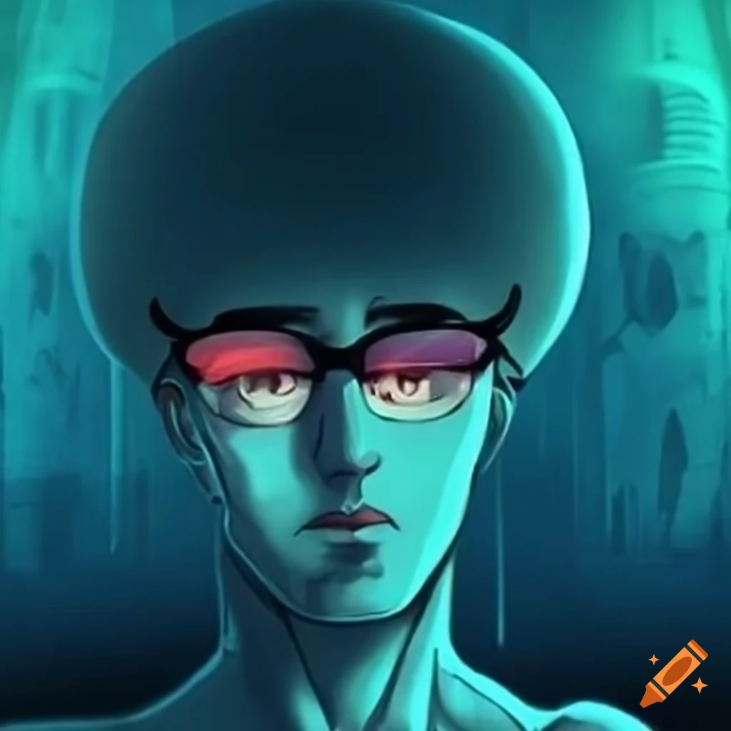 Handsome Squidward at misty ancient temple with sunglasses