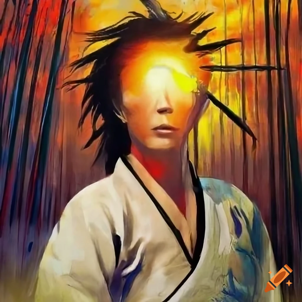 Kyokushin warrior in bamboo forest during sunset in Yoshitaka Amano style