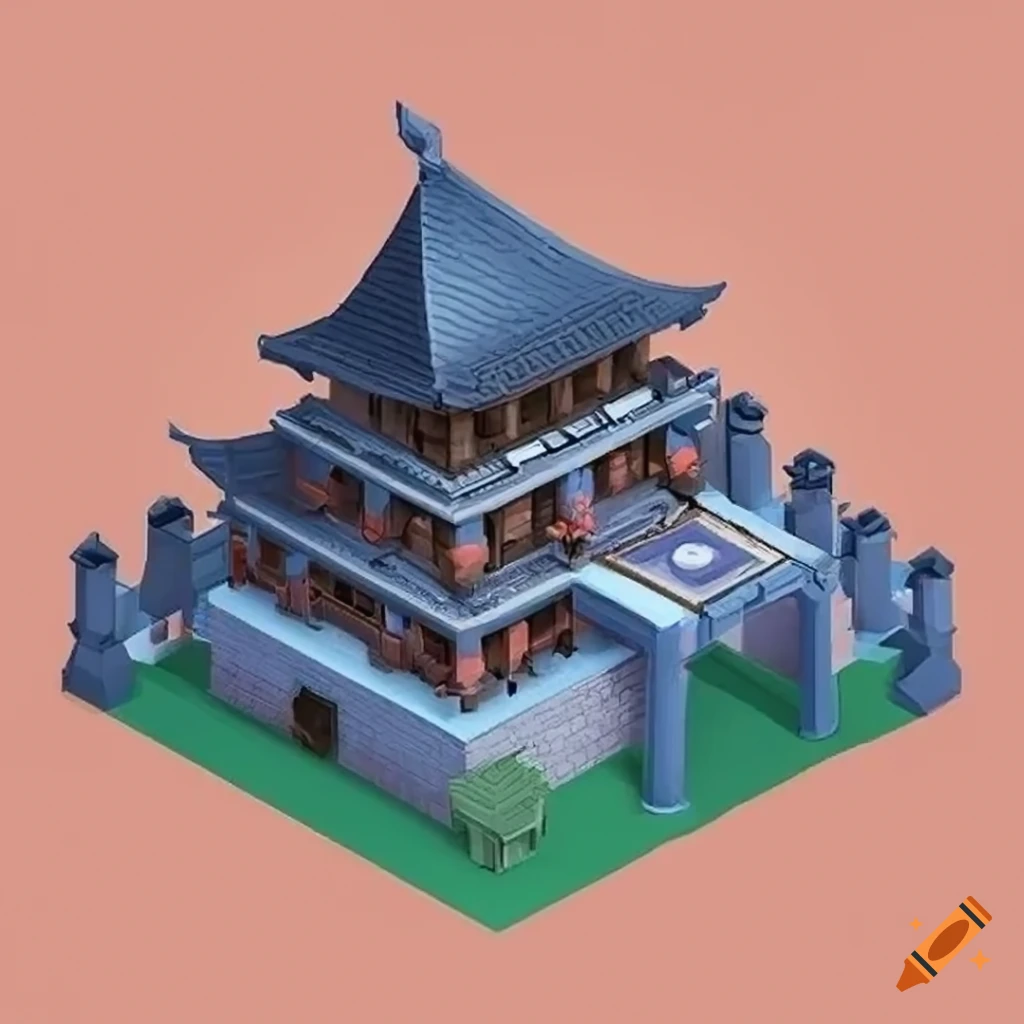 Isometric view of an ancient Asian fortress in a 2D game