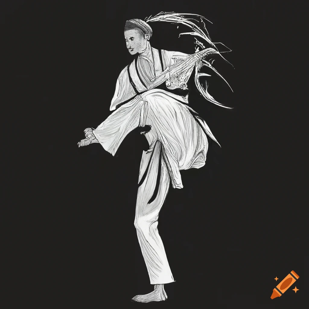 Kyokushin warrior in a bamboo forest at sunset in Japan, Yoshitaka Amano style