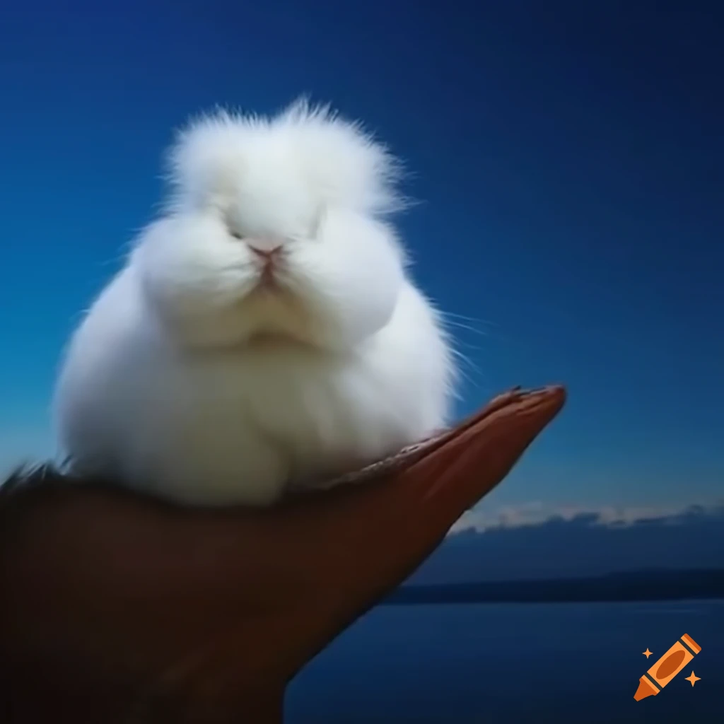 Colossal fluffy white French Angora bunny flying over clouds