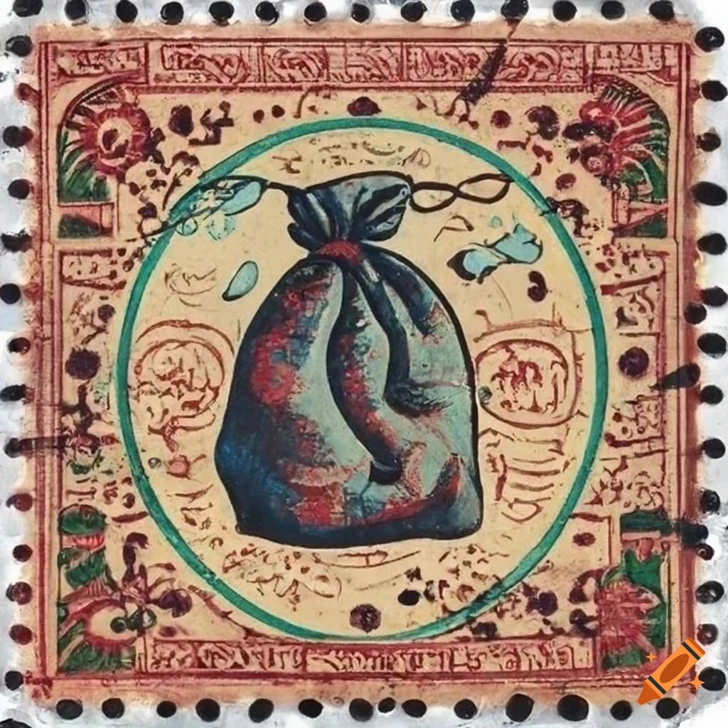 Indonesian folk art postage stamp featuring garbage bag surrounded by flies and maggots