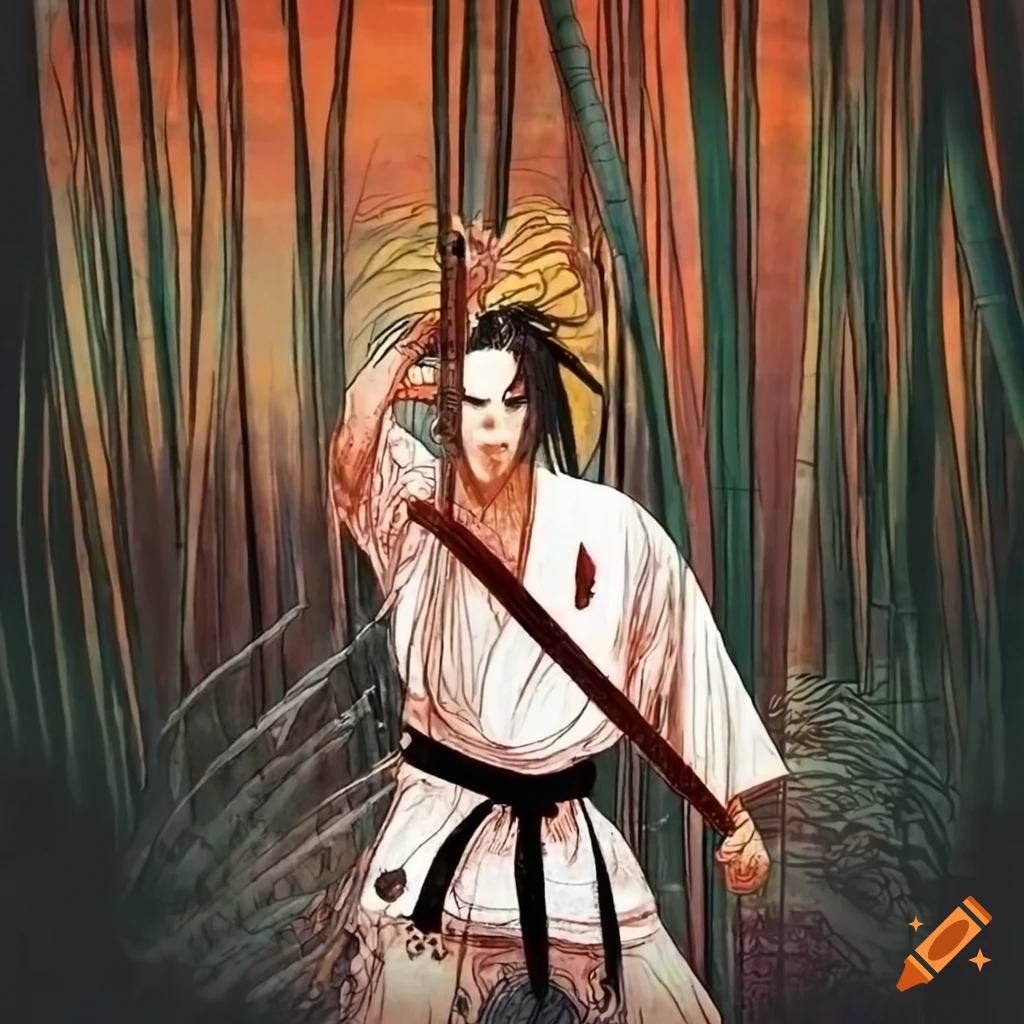 Kyokushin warrior in bamboo forest during sunset in Yoshitaka Amano style