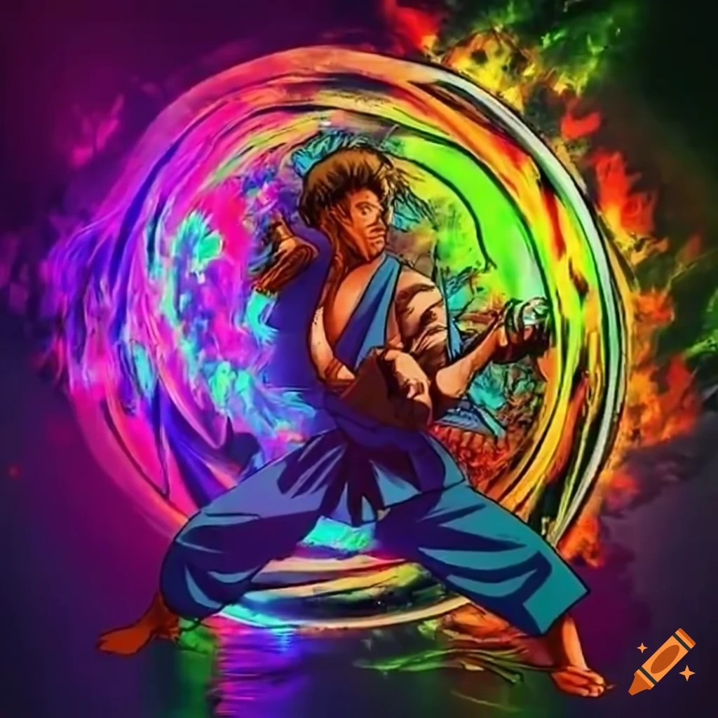 Quantum warrior executing a high-energy karate move with a menacing scorpion
