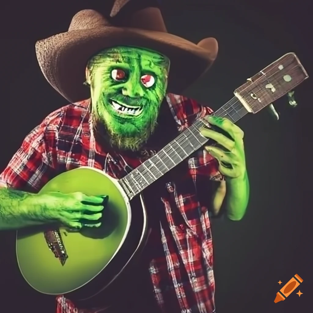 Friendly green monster playing guitar with cowboy hat