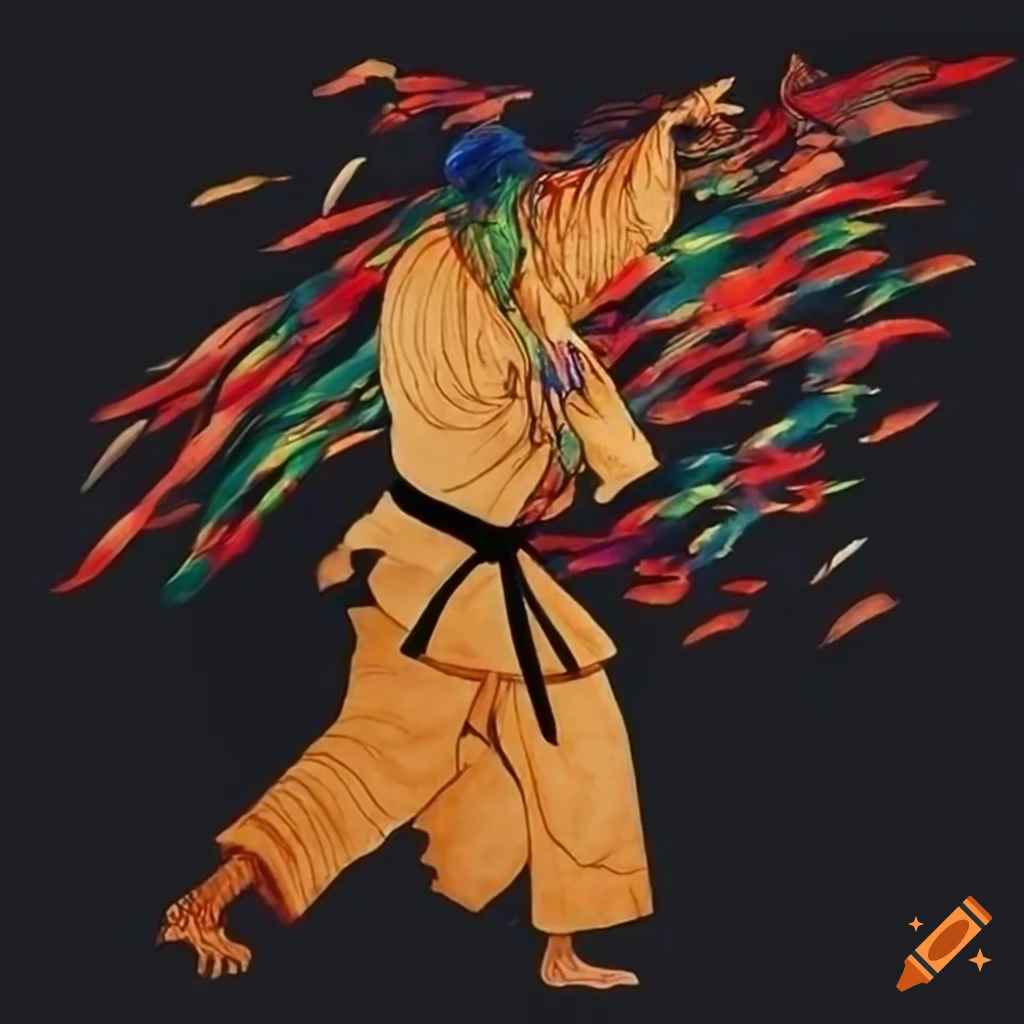 Kyokushin warrior at sunset in a bamboo forest with Japanese art style