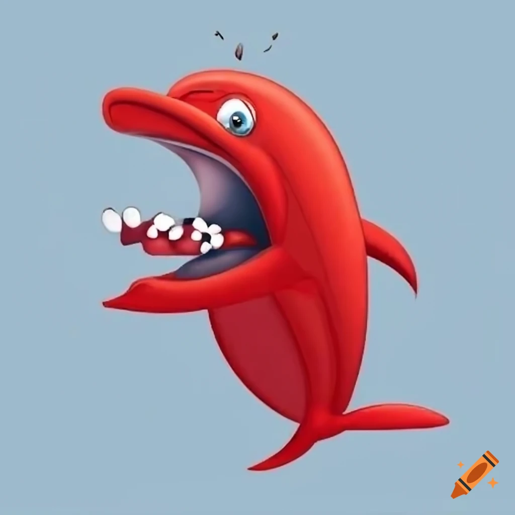 Scared red dolphin cartoon character