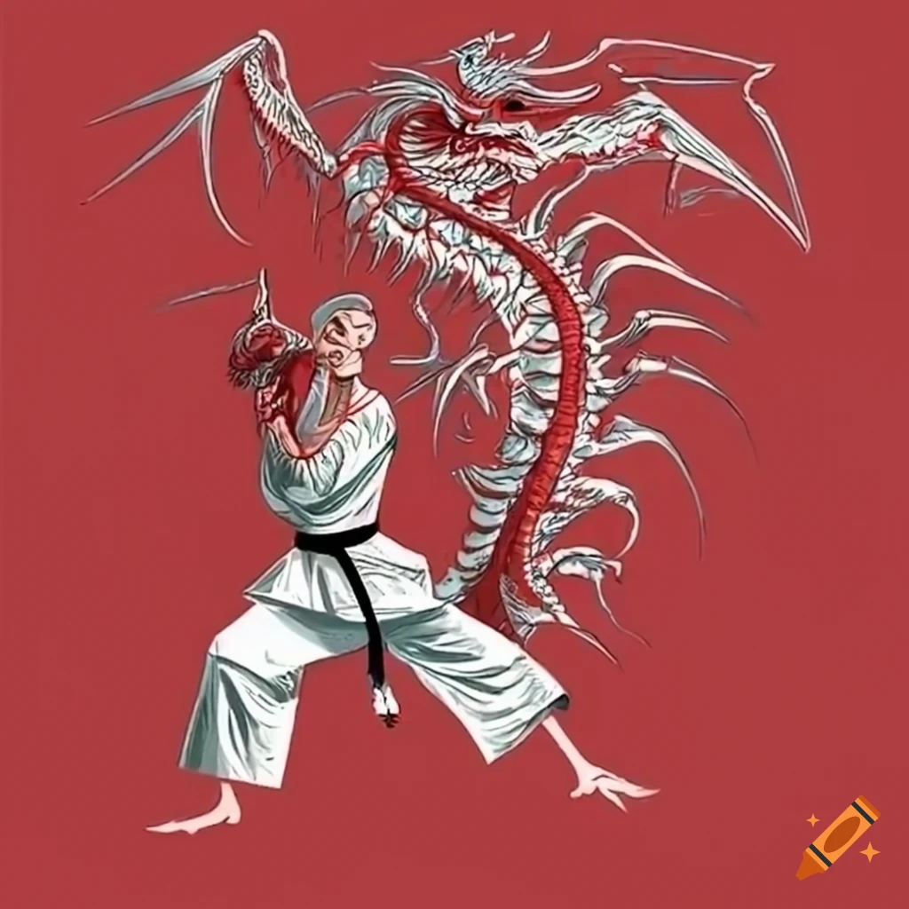 QUANTUM Martial Arts Fighter practicing karate with red dragon in the background