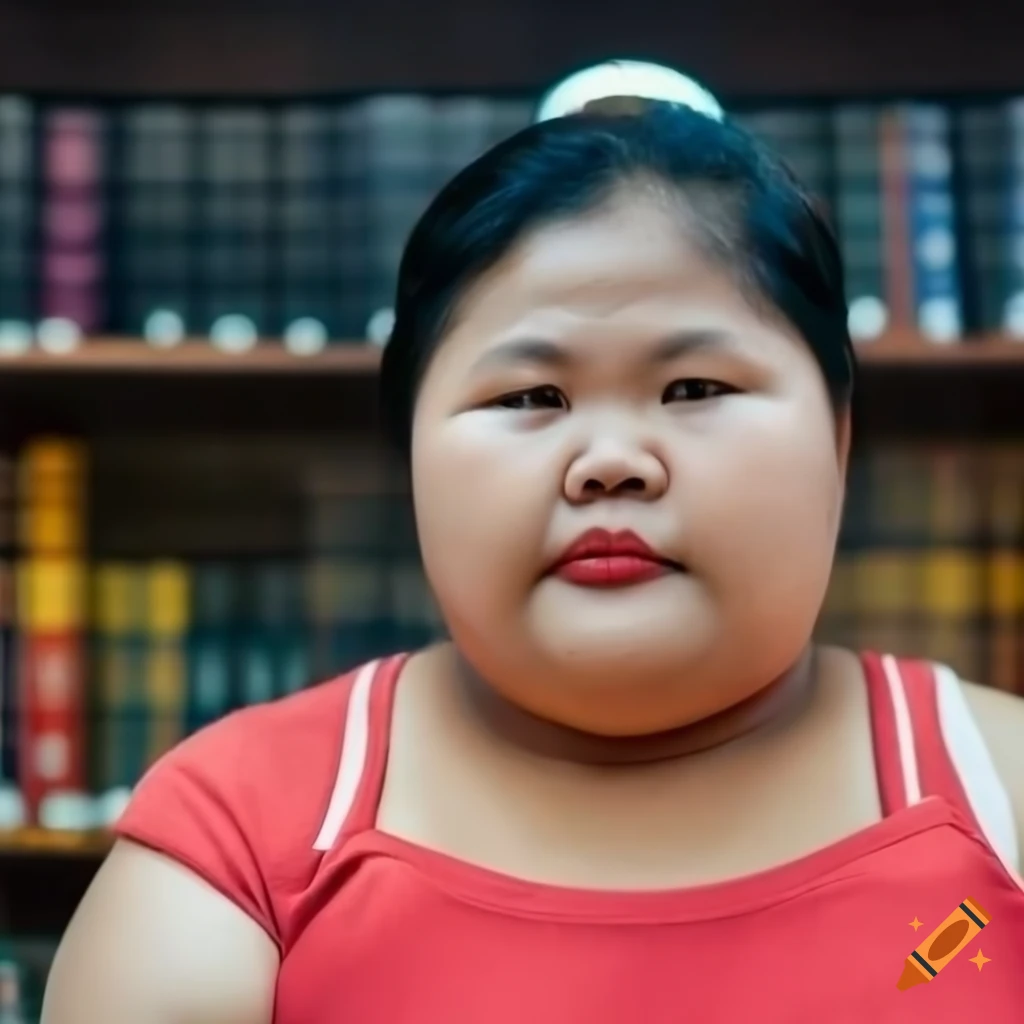 Burmese 21 year old woman in a library, close-up with chubby cheeks and large nose