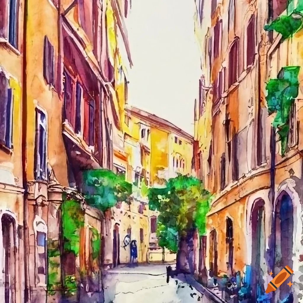 Abstract watercolor painting of the streets of Trastevere with plants ...