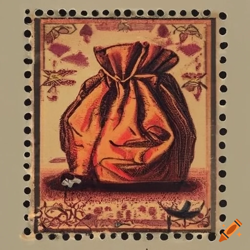 Indonesian folk art postage stamp with a garbage bag and flies