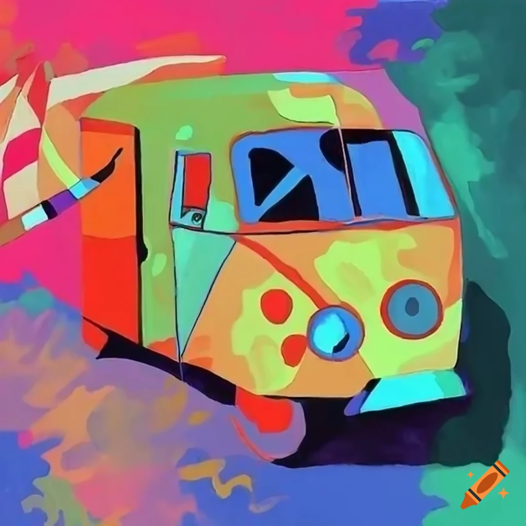 Colorful painting by Kandinsky and a flat design moving van