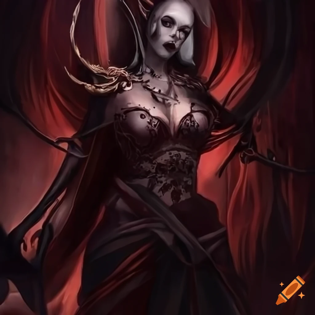 Demon woman with wings, horns, elf ears, and a large sword