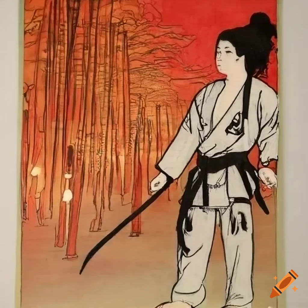 Kyokushin warrior in bamboo forest during sunset in Yoshitaka Amano style