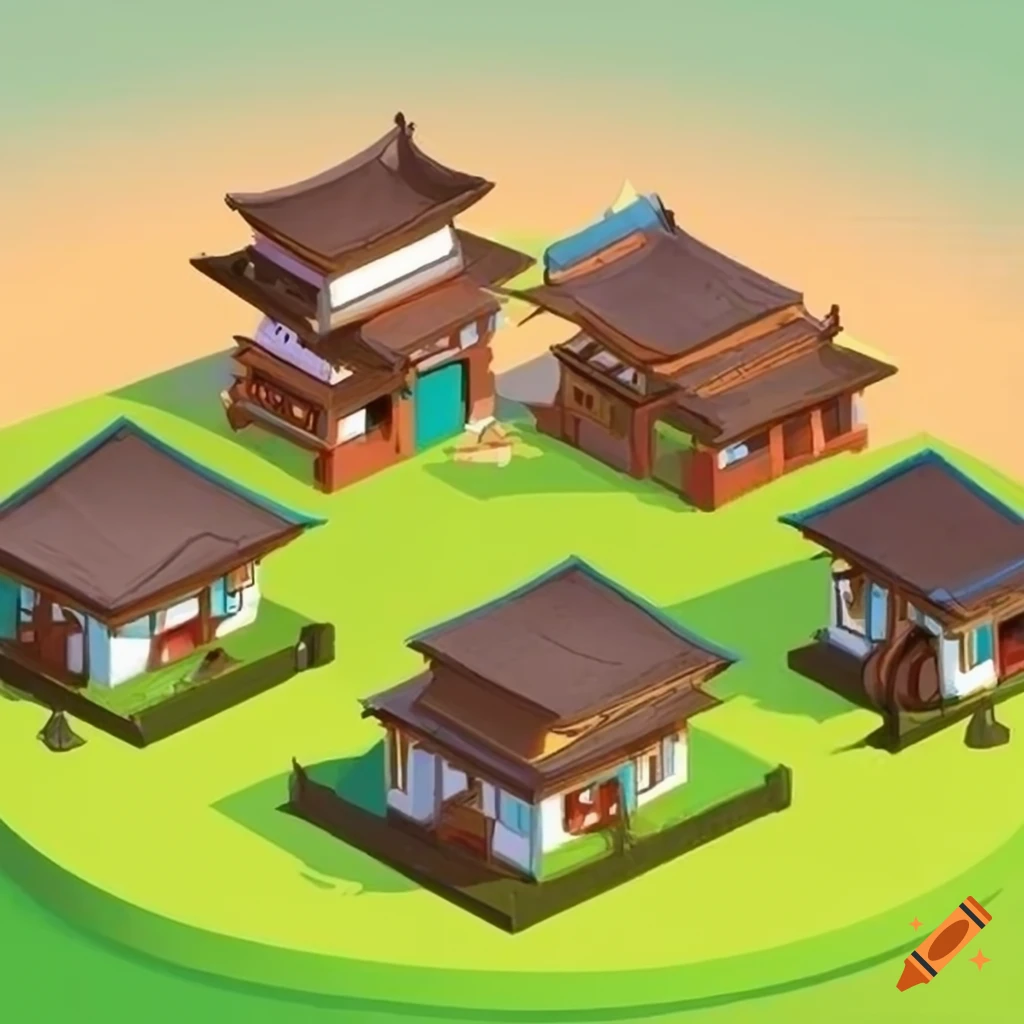 Isometric Asian village with multiple houses