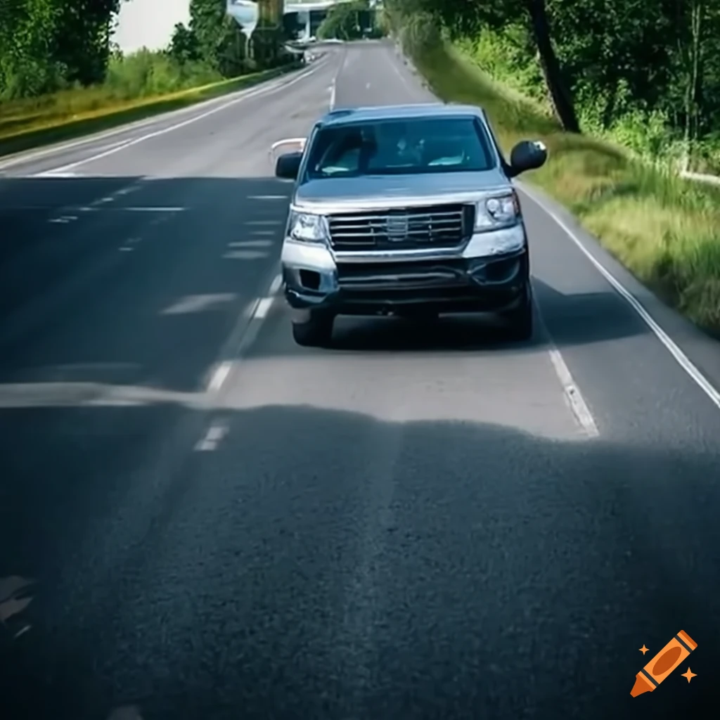 Pick up truck and motorcycle driving in the left lane