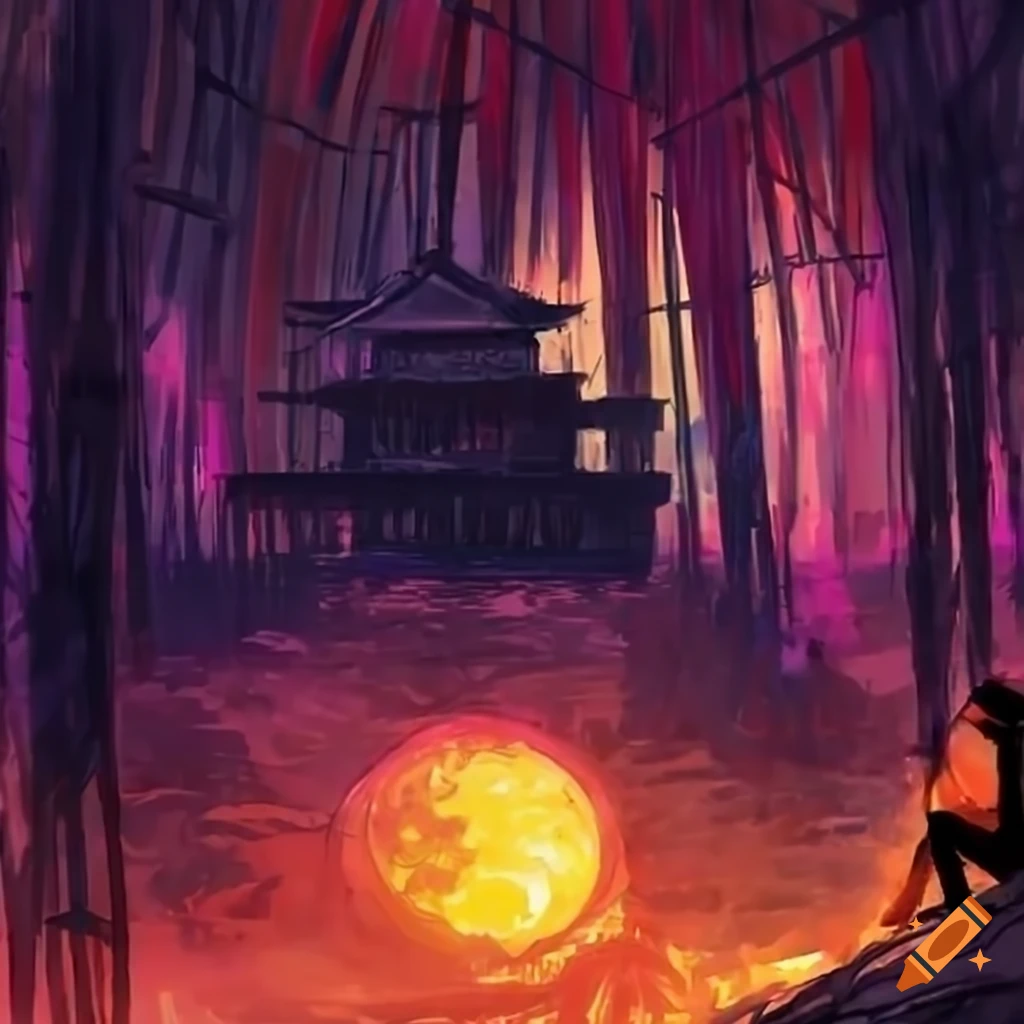 Cyberpunk dystopia cityscape with martial arts fighters and a red ...