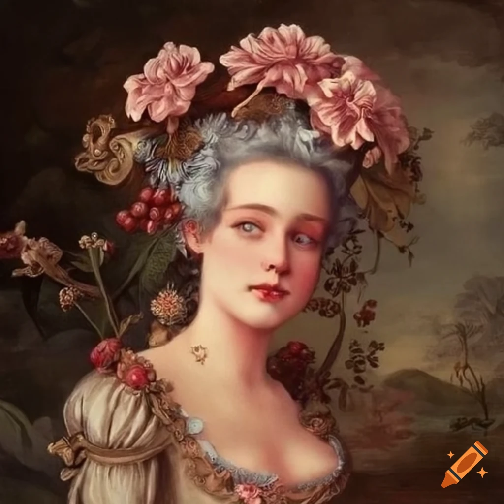 Art piece of rococo-era maiden surrounded by wildflowers and fruits