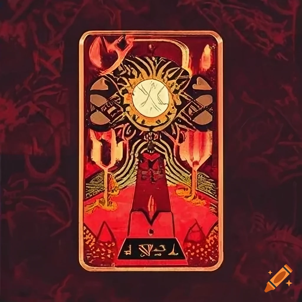 Vintage Soviet Tarot Card poster with intricate background of Norse Runes in red copper, white gold, and black lacquer