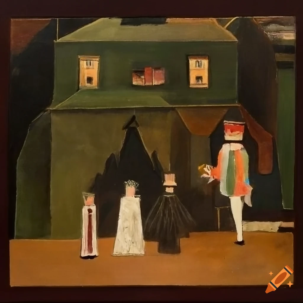 Dollhouse with angels and nutcrackers in the style of Rousseau, Pippin, Lawrence, and Klee
