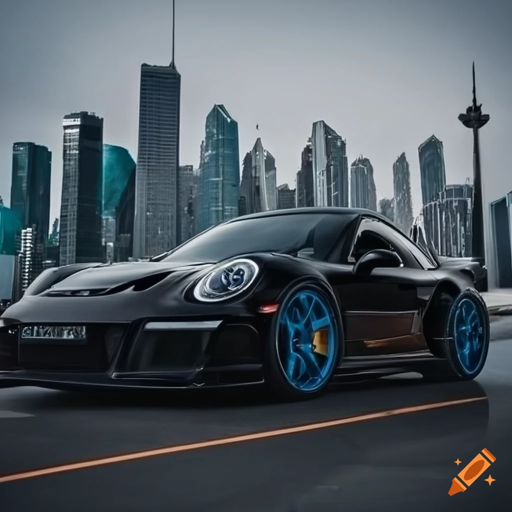 Black Porsche 911 GT3 RS with light blue alloys in a cityscape with skyscrapers
