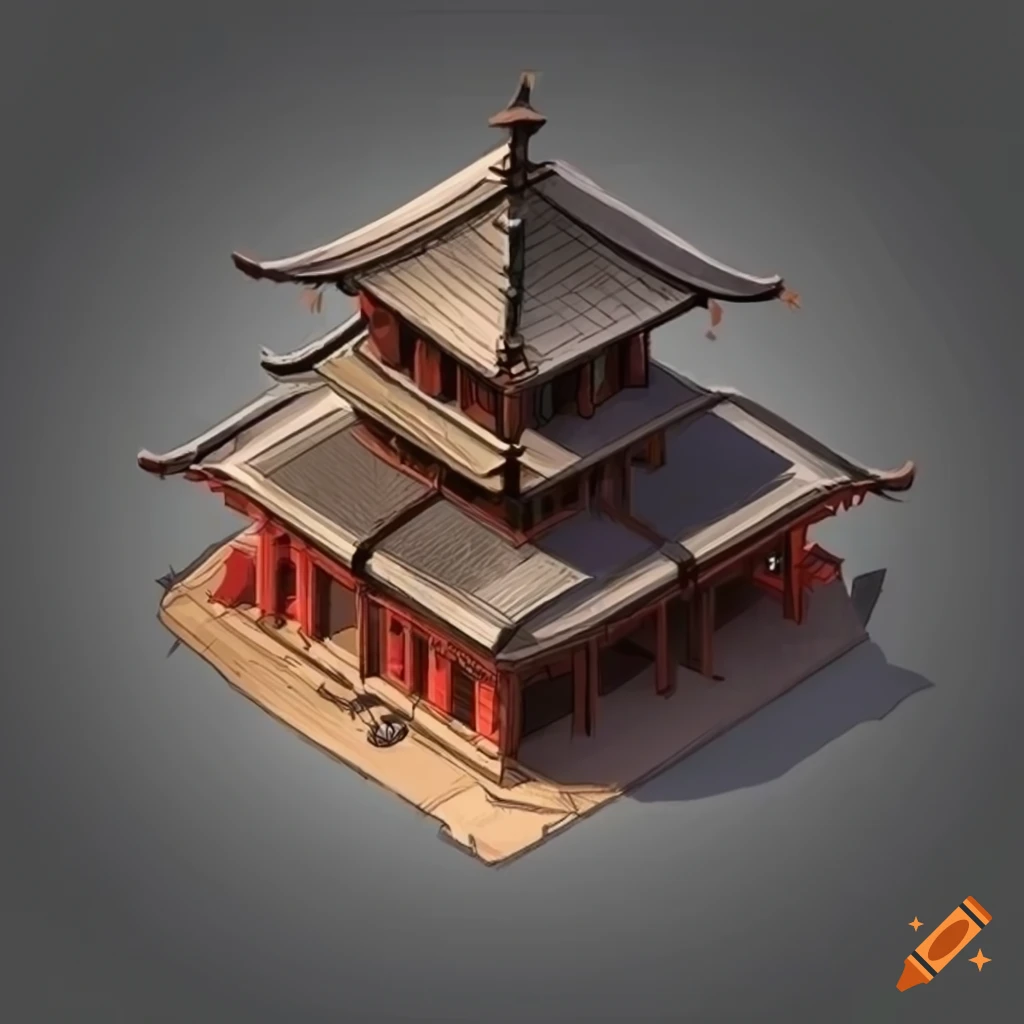 Feudal Asian building in 2D isometric view