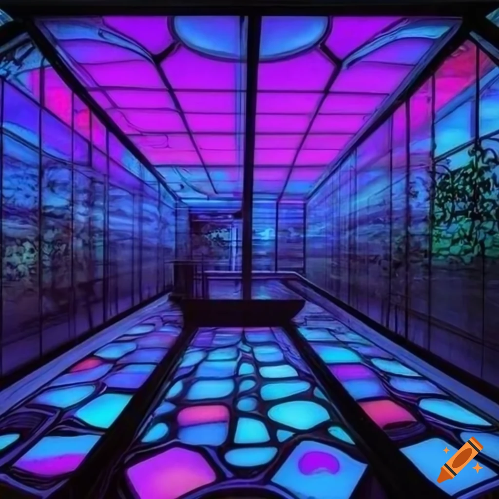 Backlit blacklight translucent marbled glass greenhouse interior in HD 3D