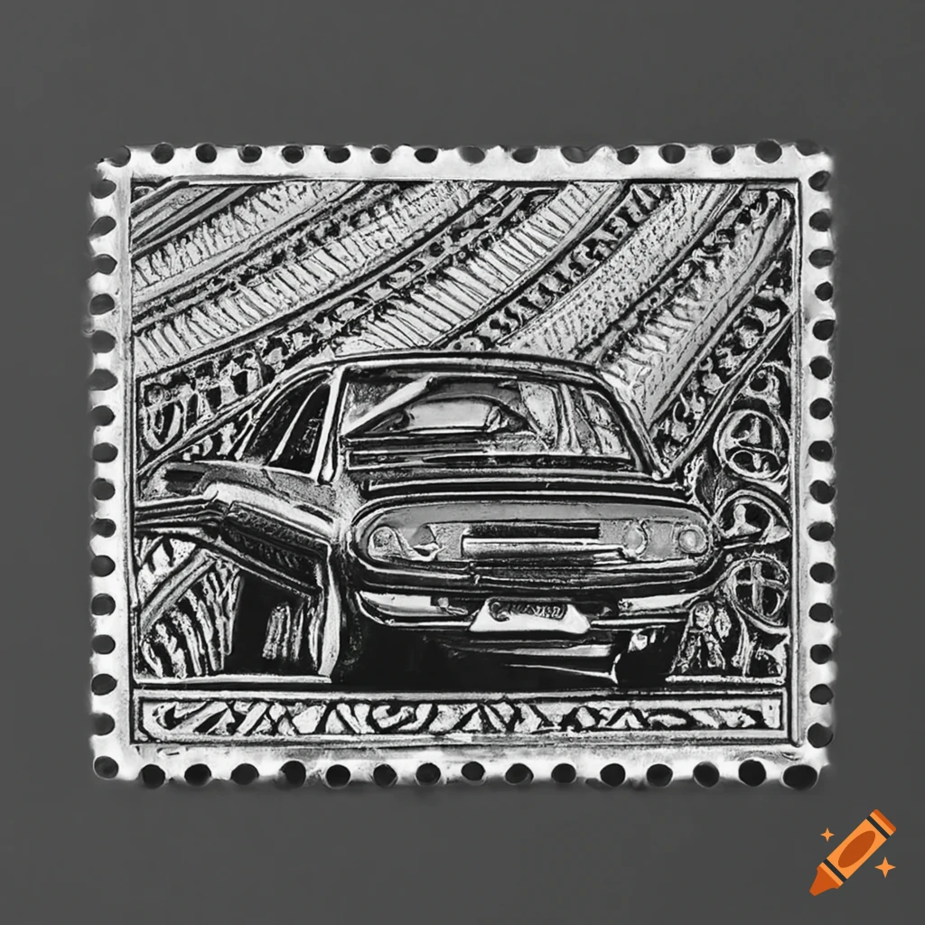 Polynesian tribal inspired postage stamp featuring Opel Manta car in black and white
