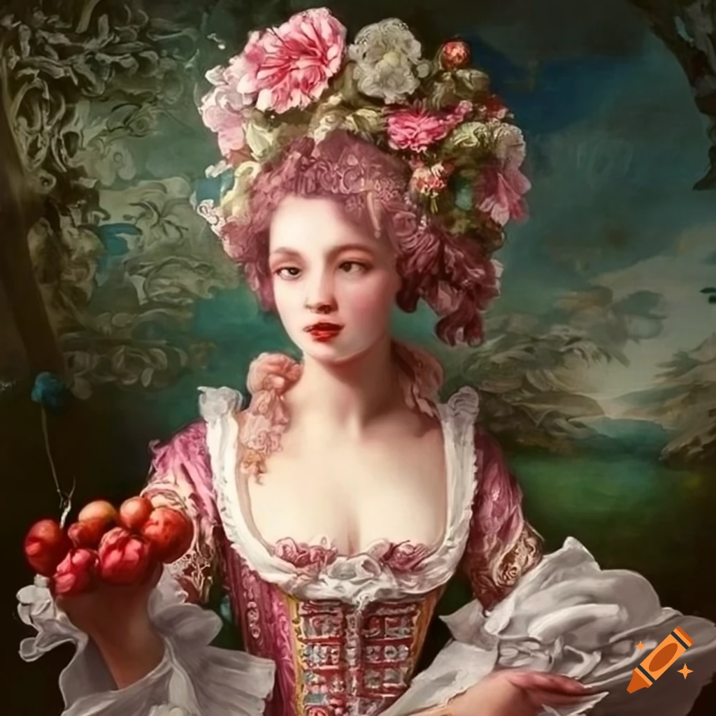 Art piece of rococo-era maiden surrounded by wildflowers and fruits