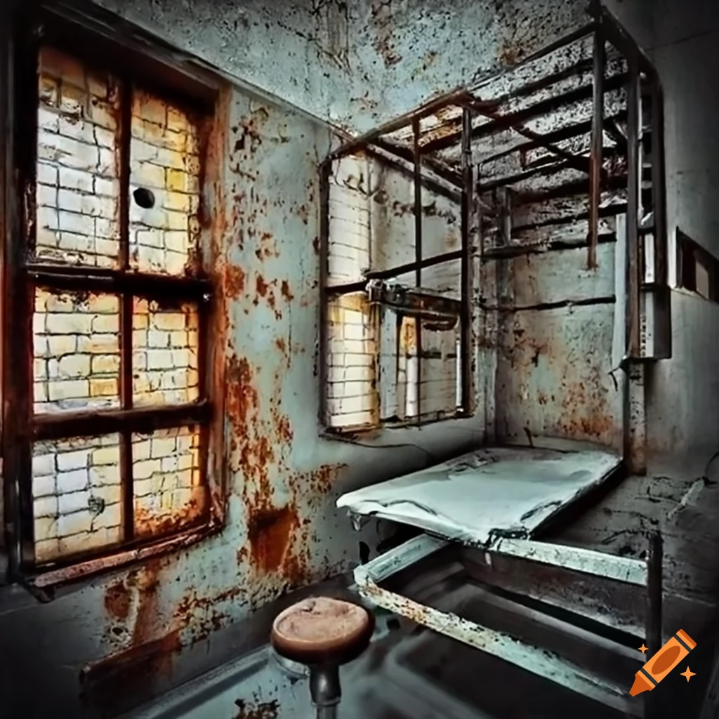 Prison cell decor with cot rusty shower and bars in a cube setting on
