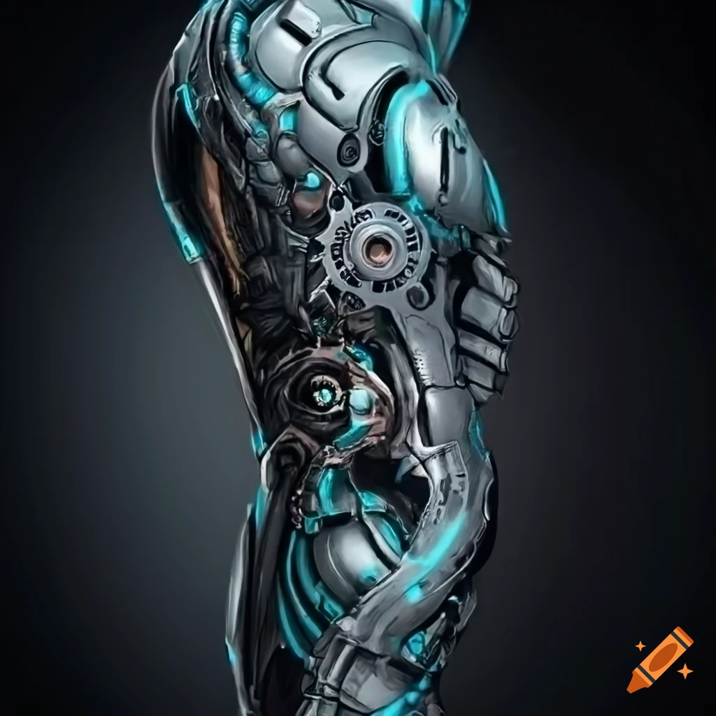 Hightech metallic arm tattoo design with hydraulics, gears, and