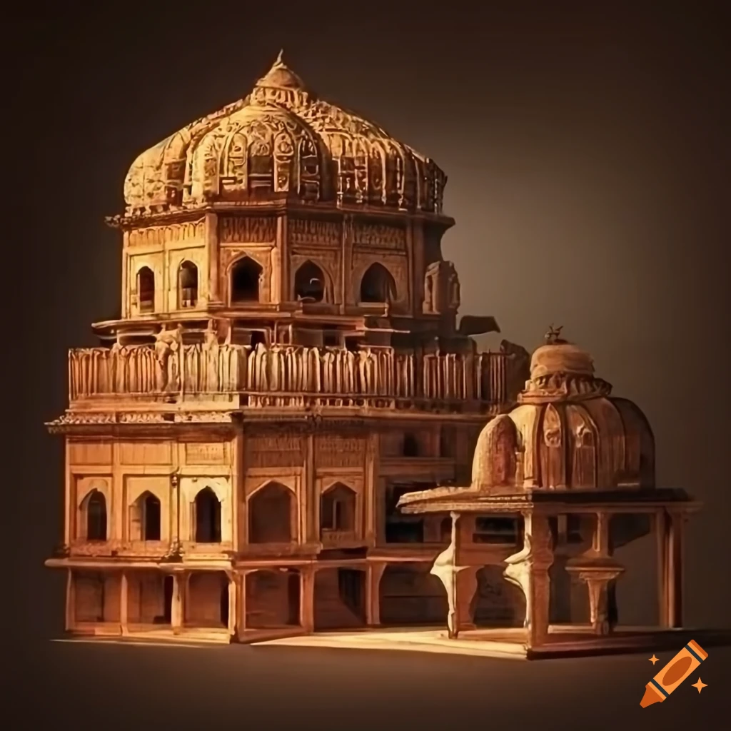 Archival museum display of Indian architecture in a graphic novel style