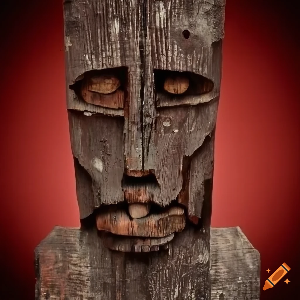 Stylized rustic wooden sculpture with black eyes and weathered red