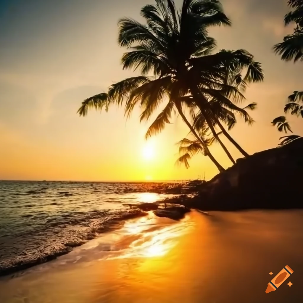 Serene sunrise on a tropical coastline with palm trees and mountains
