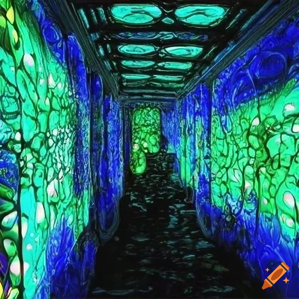 Backlit blacklight translucent marbled glass greenhouse interior in HD 3D