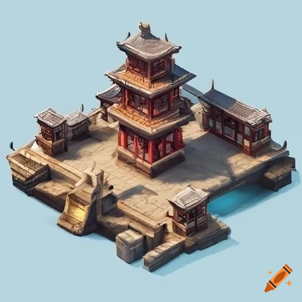 Isometric view of an ancient Asian town in a 2D game