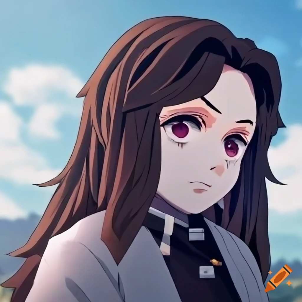Young woman with dark brown hair in Demon Slayer anime style looking at the sky