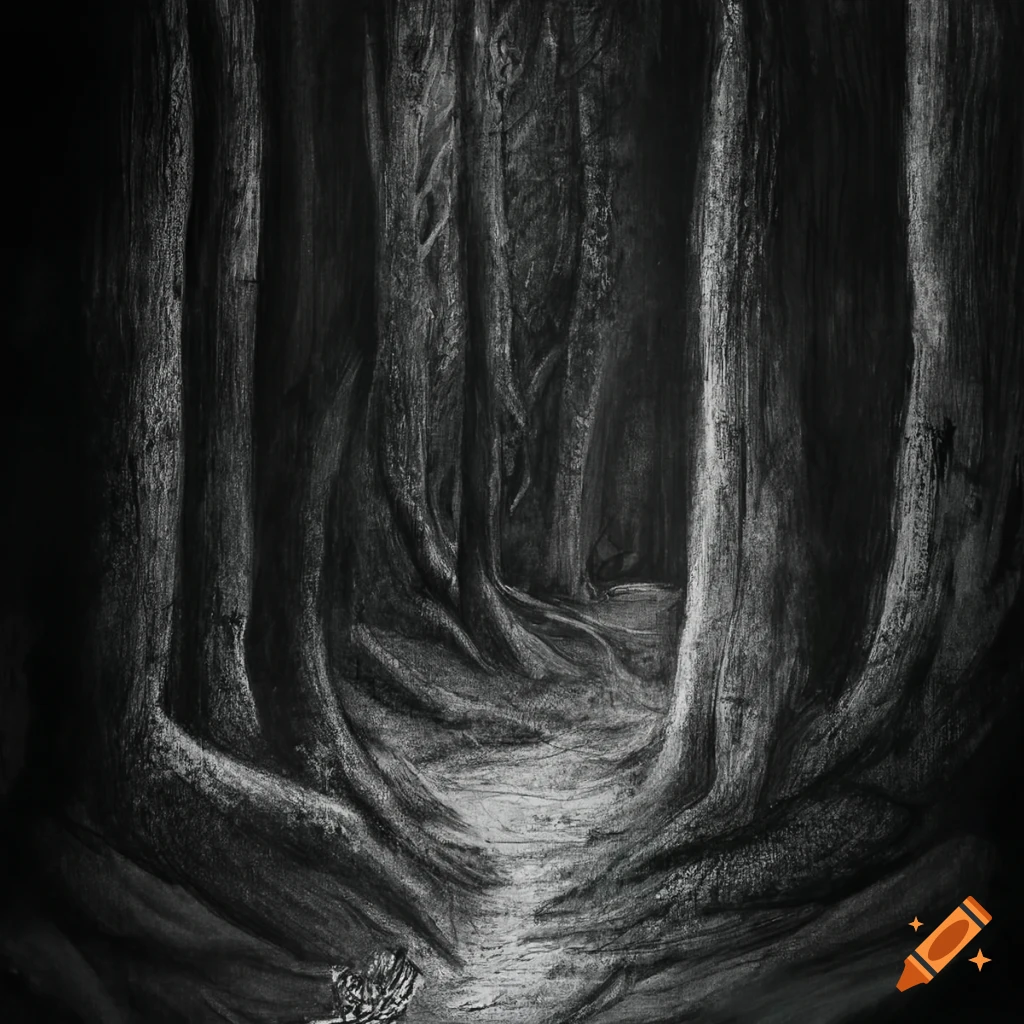 Intricate charcoal drawing of a path entering a dark forest