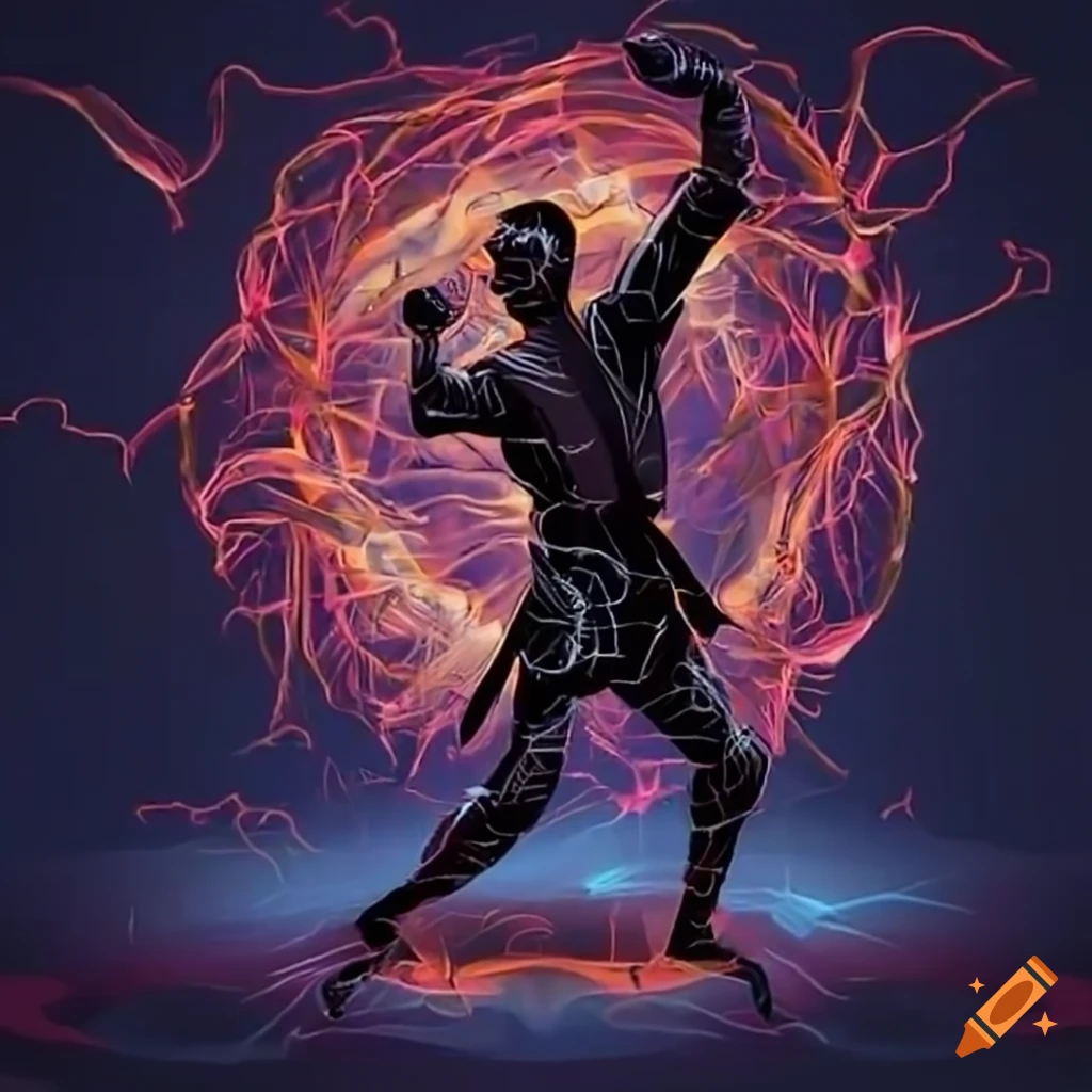 Quantum warrior executing a high-energy karate move with a menacing scorpion
