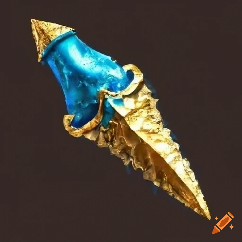 Egyptian angular arrowhead in blue and gold metal with a fantasy technical design