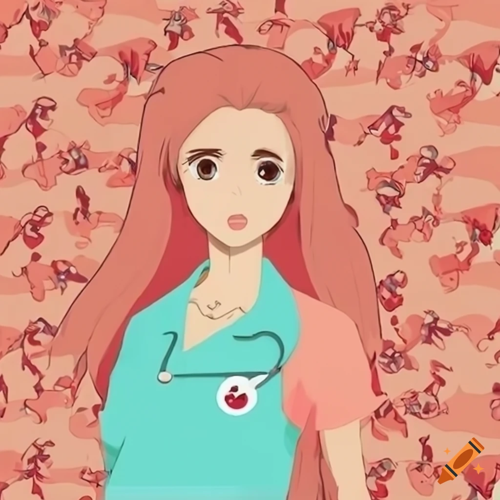 Anime character with peach hair in nurse outfit in a hospital setting
