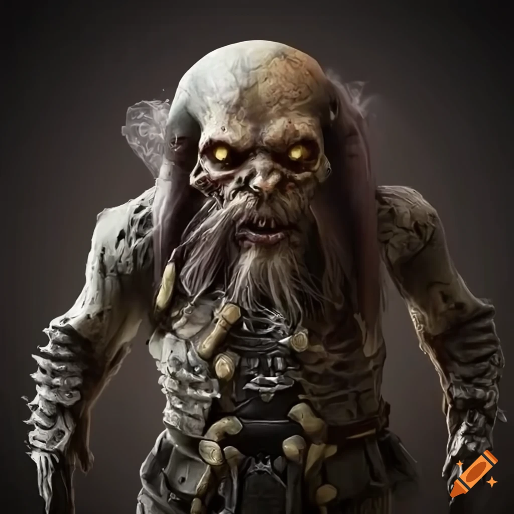 Dwarf fantastical creature with skeleton zombie features and broken armor